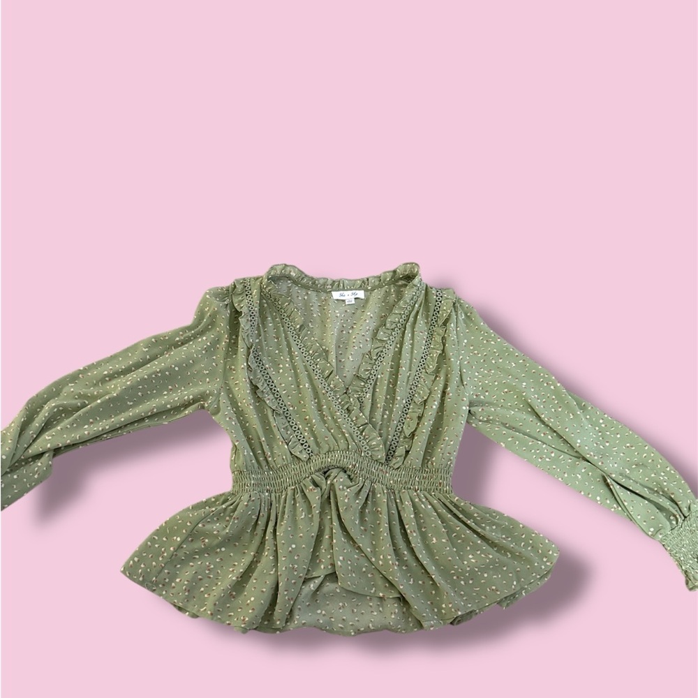 She + Sky Olive Dotted Blouse